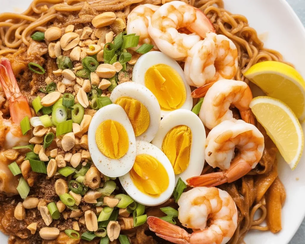 Delicious Filipino pancit luglug topped with shrimp, pork, and boiled eggs.