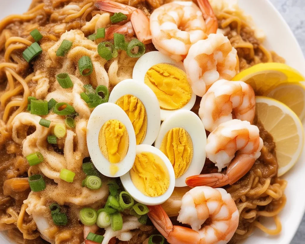 Delicious Pancit Malabon - a flavorful Filipino noodle dish with thick rice noodles and seafood toppings.