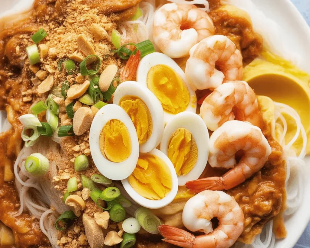 Delicious Pancit Palabok with pork, shrimp, and vibrant toppings on a plate.
