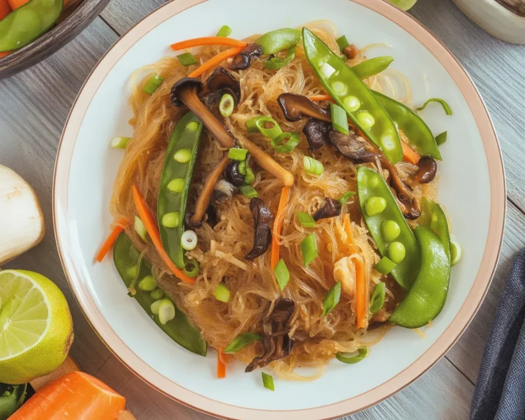 Delicious Pancit Sotanghon Guisado featuring stir-fried glass noodles with chicken and vegetables.