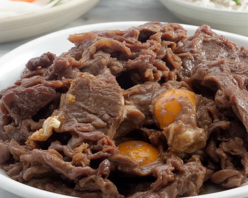 Filipino Beef Tapa served with garlic rice and a sunny-side up egg
