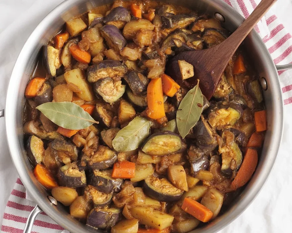 Bowl of vegetarian adobo made with colorful vegetables, soy sauce, and garlic.