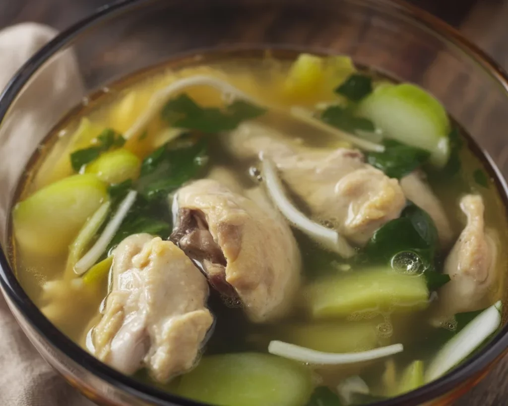 Bowl of aromatic Filipino chicken binakol soup with coconut, lemongrass, and chicken.