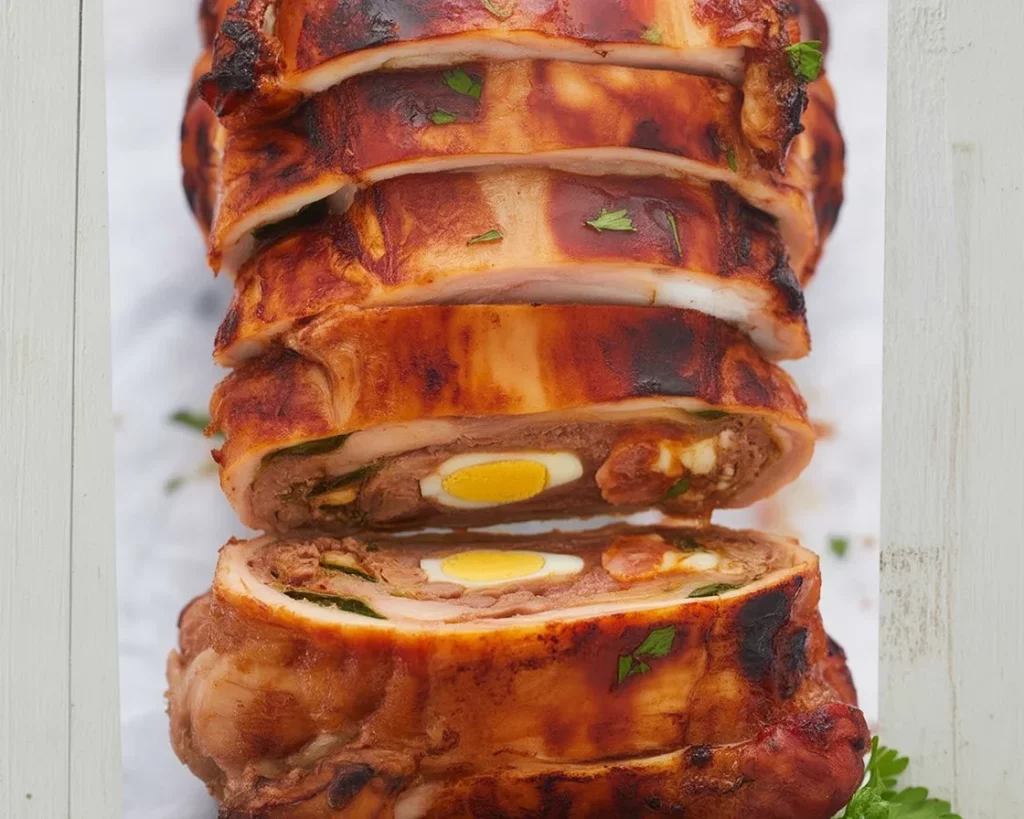 Filipino rellenong manok - a deboned chicken stuffed with pork and eggs, ideal for festive occasions.