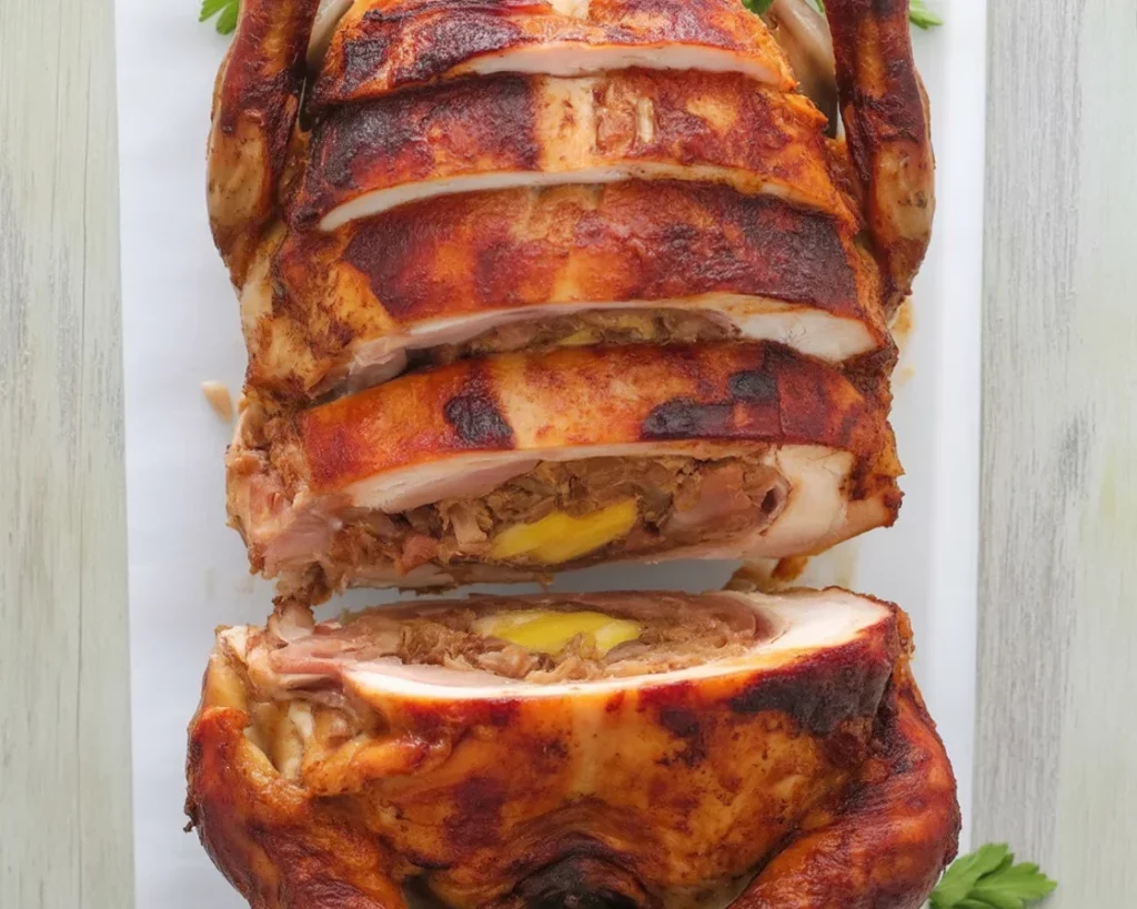 Rellenong manok: Filipino stuffed chicken with savory pork, eggs, and spices.