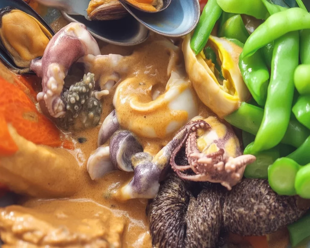 Delicious Filipino seafood kare kare with shrimp, crab, and vegetables in peanut sauce.
