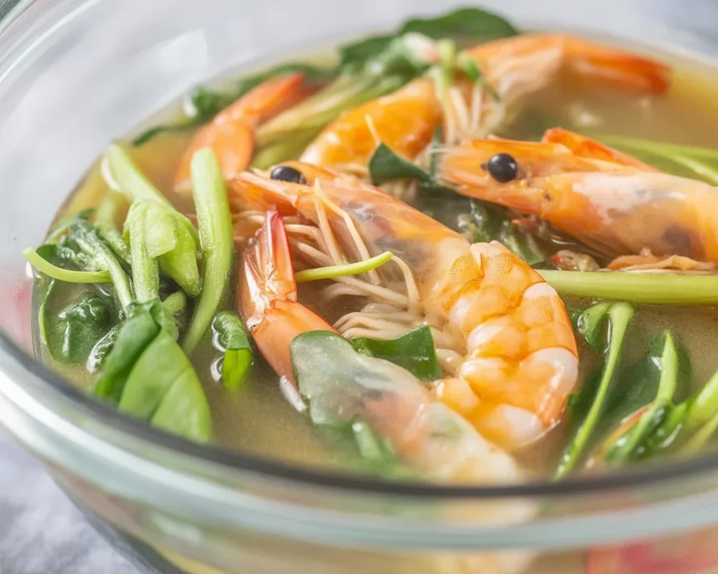 Bowl of Sinigang na Hipon, a Filipino shrimp soup with vegetables in sour broth.