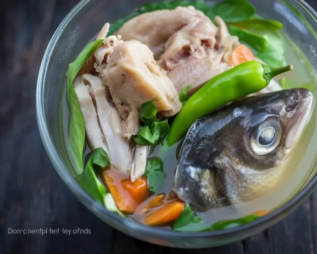 Bowl of sinigang sa miso with salmon, vegetables, and tamarind broth