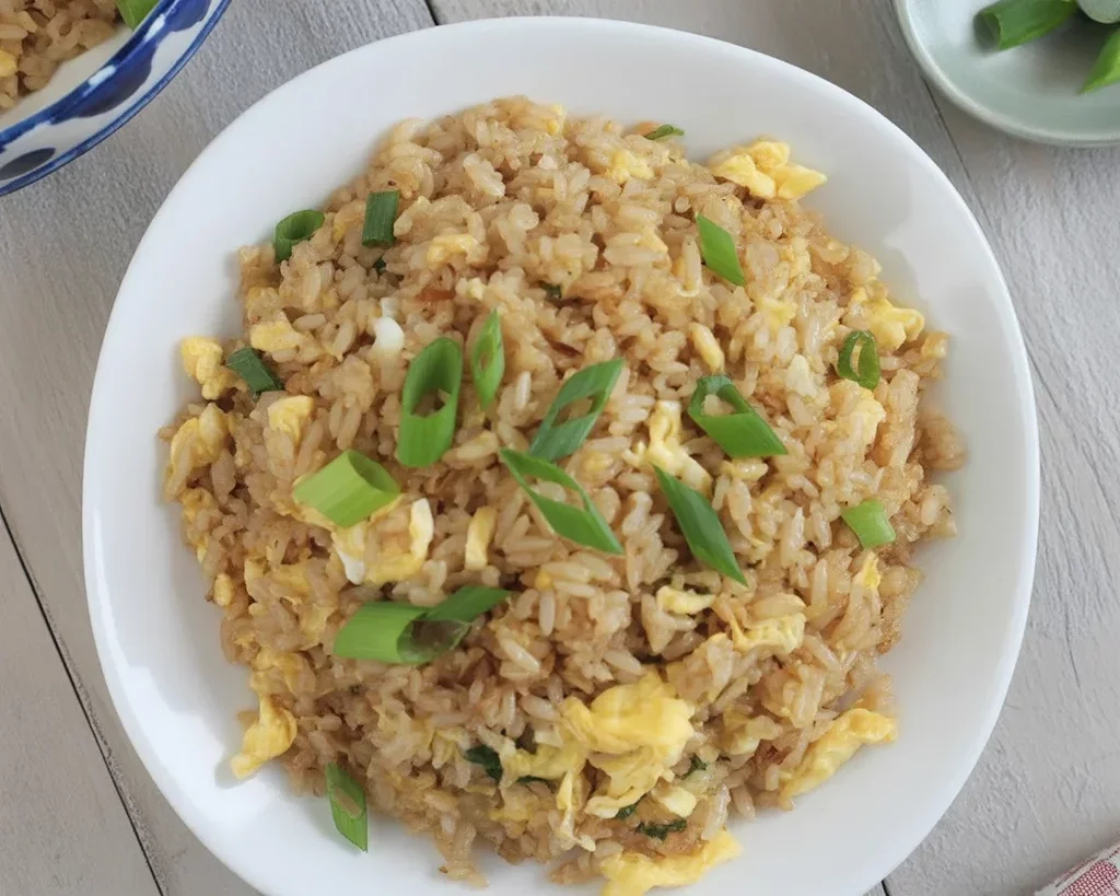 A bowl of Filipino tinapa fried rice with smoked fish and green onions