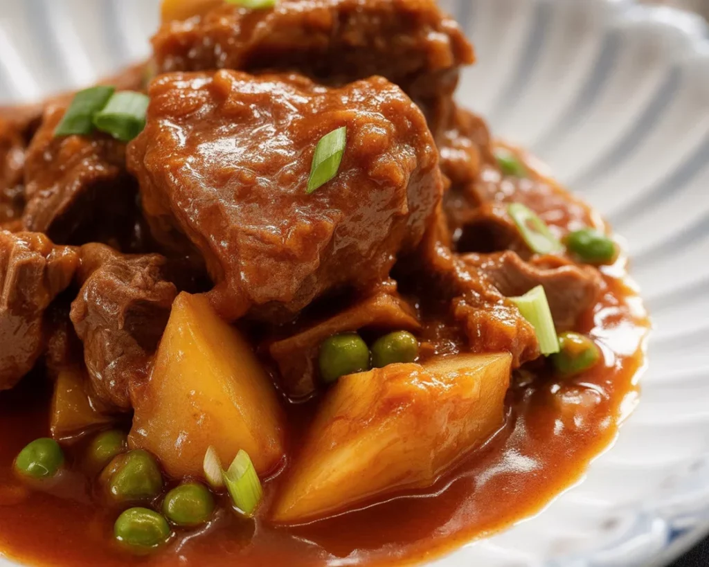 Delicious spicy beef caldereta in a bowl, featuring tender beef and vibrant vegetables.