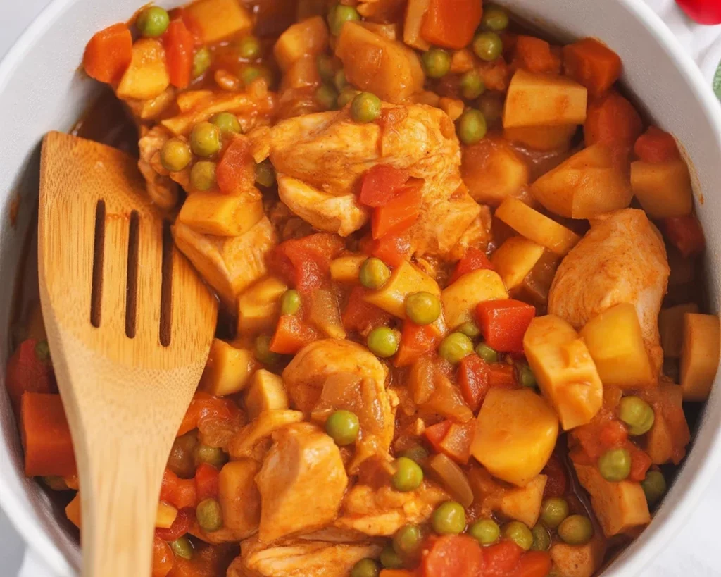Savory chicken afritada cooked on the stovetop with vibrant vegetables and spices.