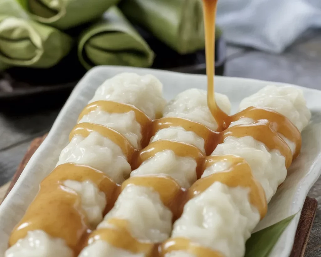 Suman with coconut caramel sauce, a delicious Filipino sticky rice delicacy.