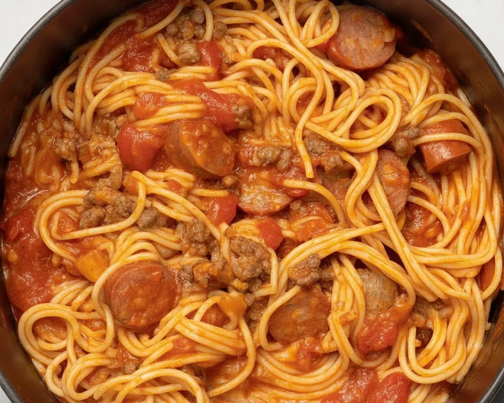 A bowl of Filipino spaghetti with sweet sauce and hot dogs, showcasing unique comfort food.