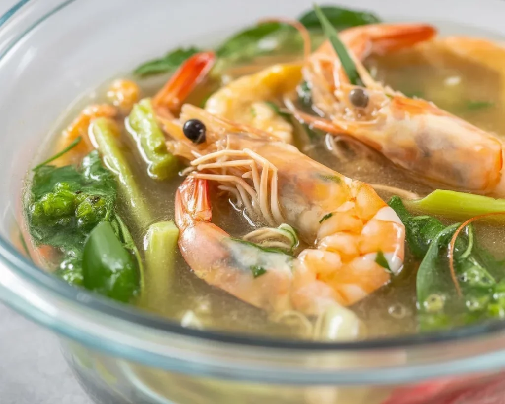 Delicious Filipino sinigang na hipon, a shrimp soup in tangy tamarind broth with vegetables.
