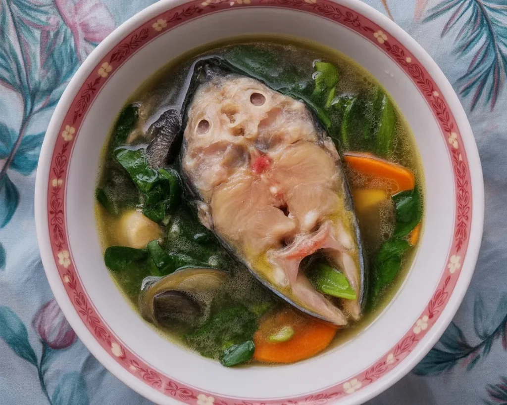 A bowl of Tinolang Isda, a Filipino fish soup with ginger, vegetables, and mackerel.