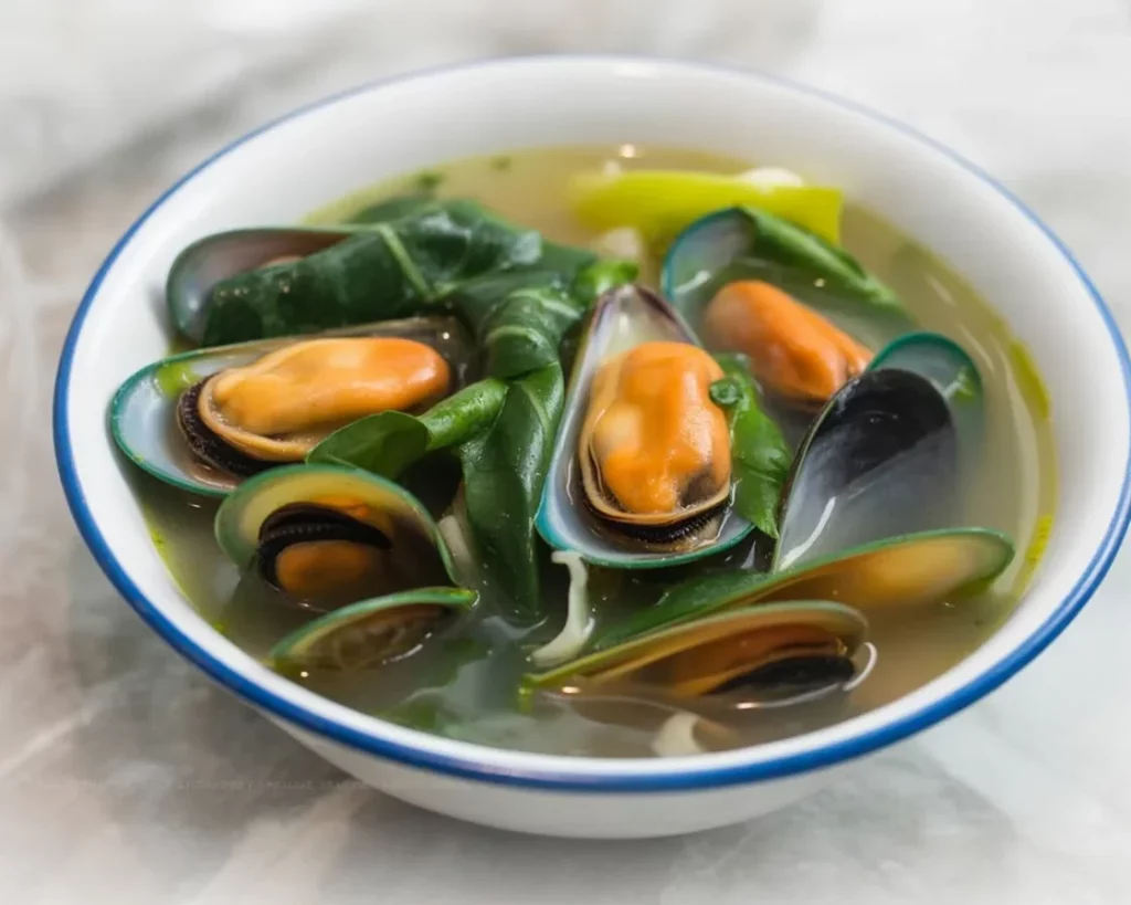 Delicious Tinolang Tahong, a Filipino mussel soup with ginger and spinach.