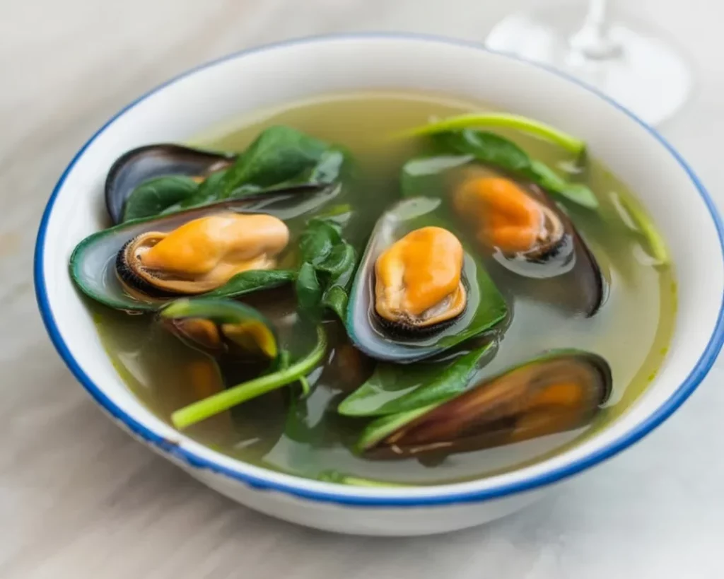 Delicious Tinolang Tahong - Filipino mussel soup with ginger and leafy greens.