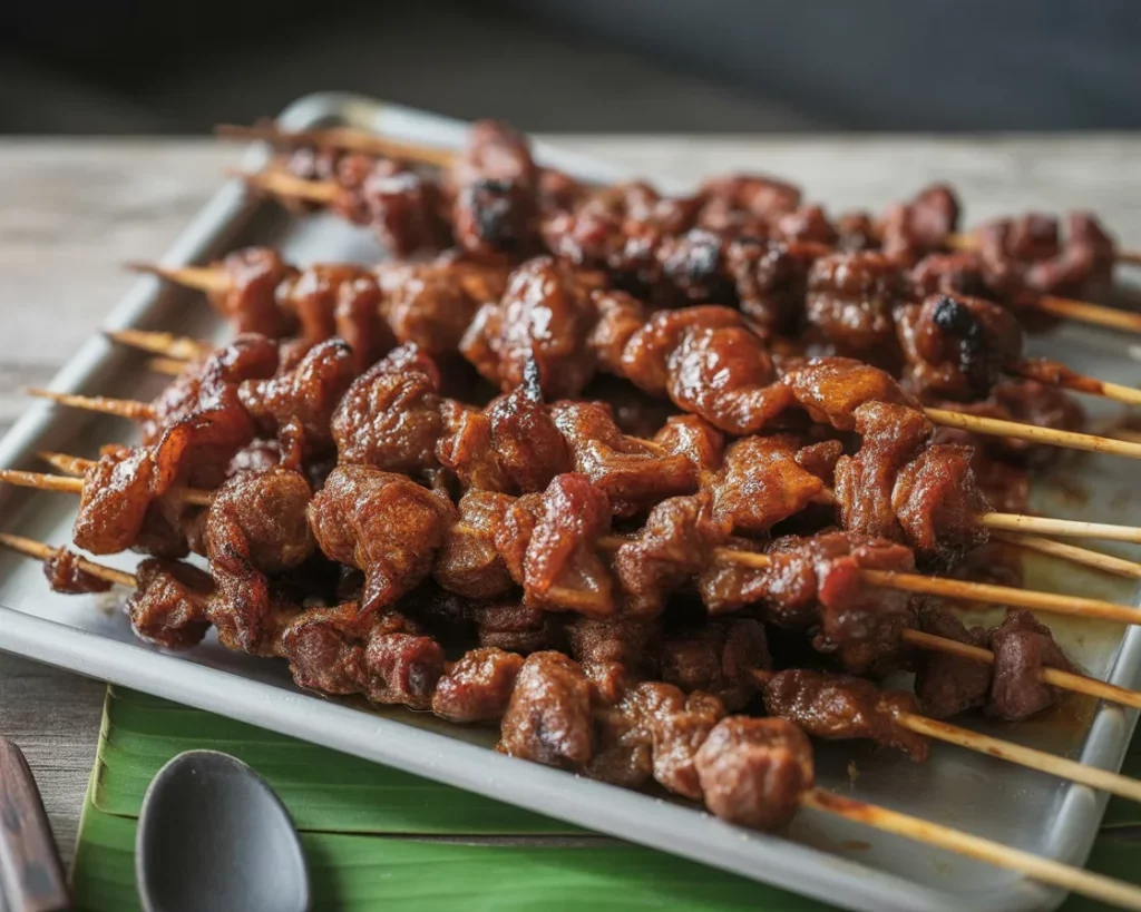 Filipino street food skewers featuring BBQ pork grilled to perfection on skewers.