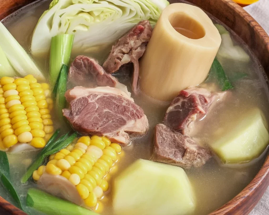 Delicious Filipino bulalo soup featuring tender beef shank and bone marrow garnish.