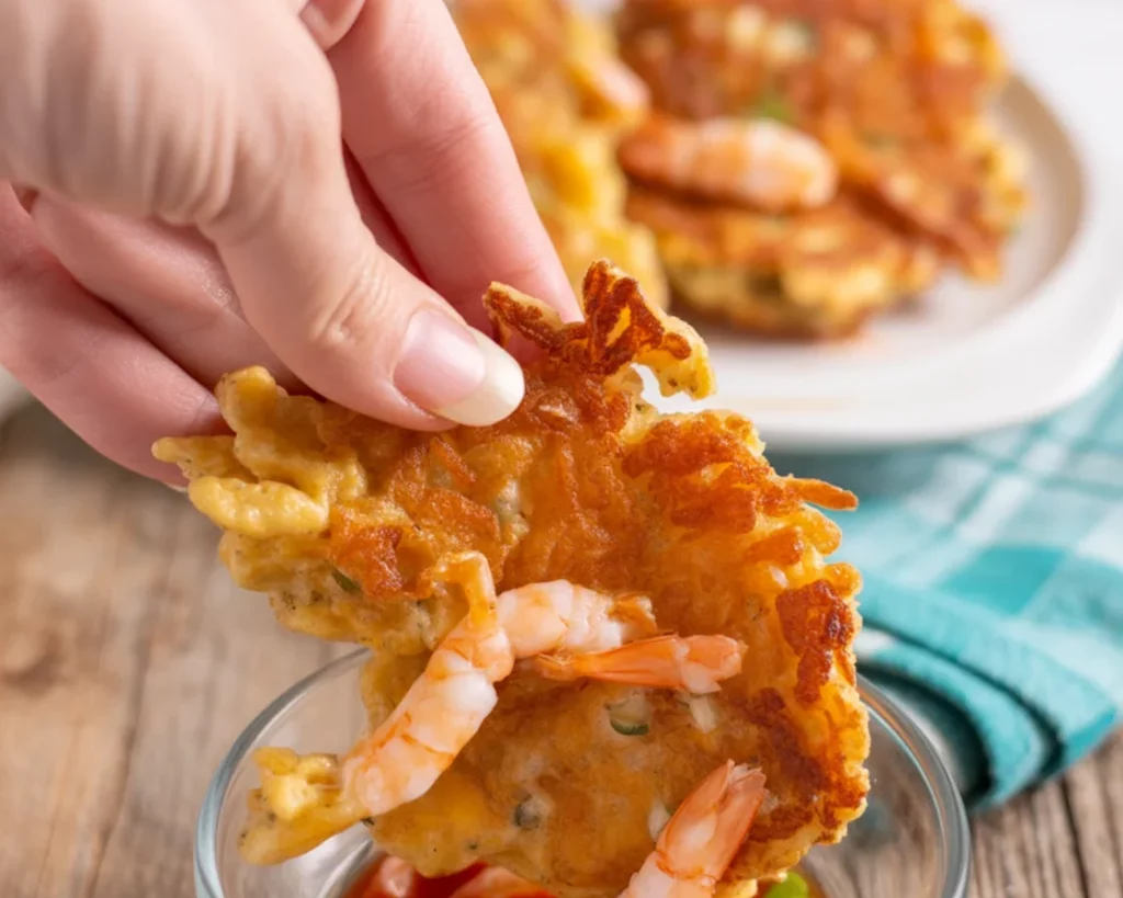 Crispy Filipino ukoy shrimp fritters served with a spicy vinegar dip