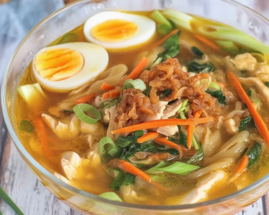 Bowl of Filipino sotanghon soup with chicken and glass noodles