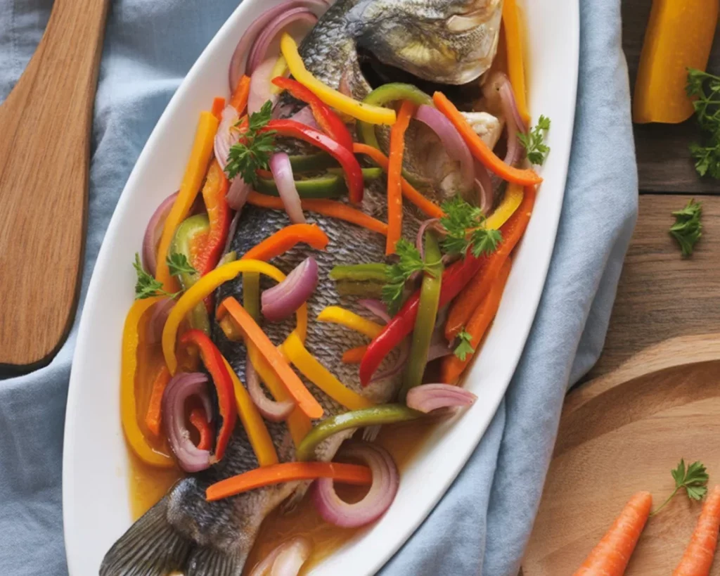 Plate of Fish Escabeche Filipino Recipe with sweet and sour sauce on a bed of vegetables.