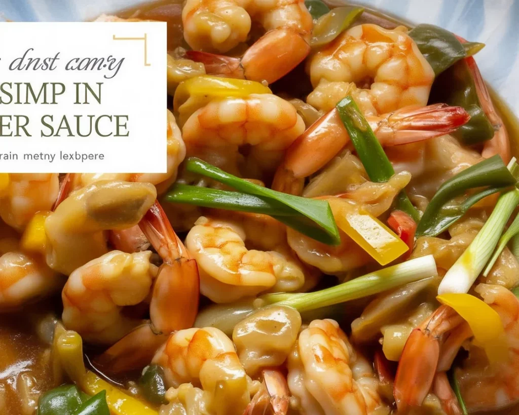Plate of shrimp in oyster sauce with garlic, sesame oil, and vegetables stir-fried.