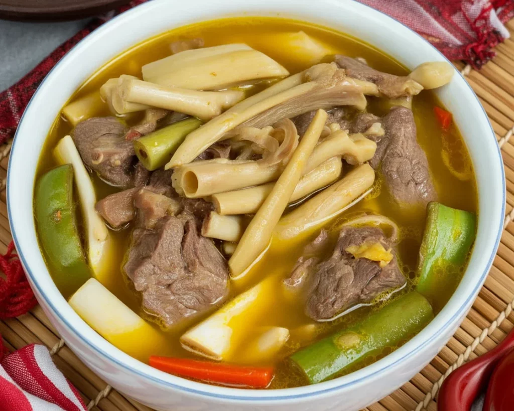 Delicious Kansi Ilonggo Soup with beef shanks, batwan fruit, and unripe jackfruit in a savory broth.