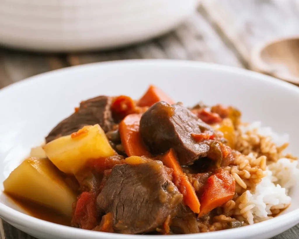 A delicious plate of Beef Mechado, a traditional Filipino beef stew served with vegetables.