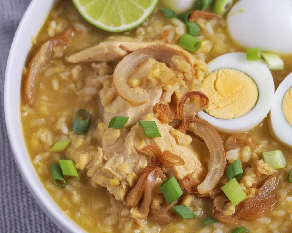 Bowl of Filipino arroz caldo with chicken, garnished with scallions and fried garlic.