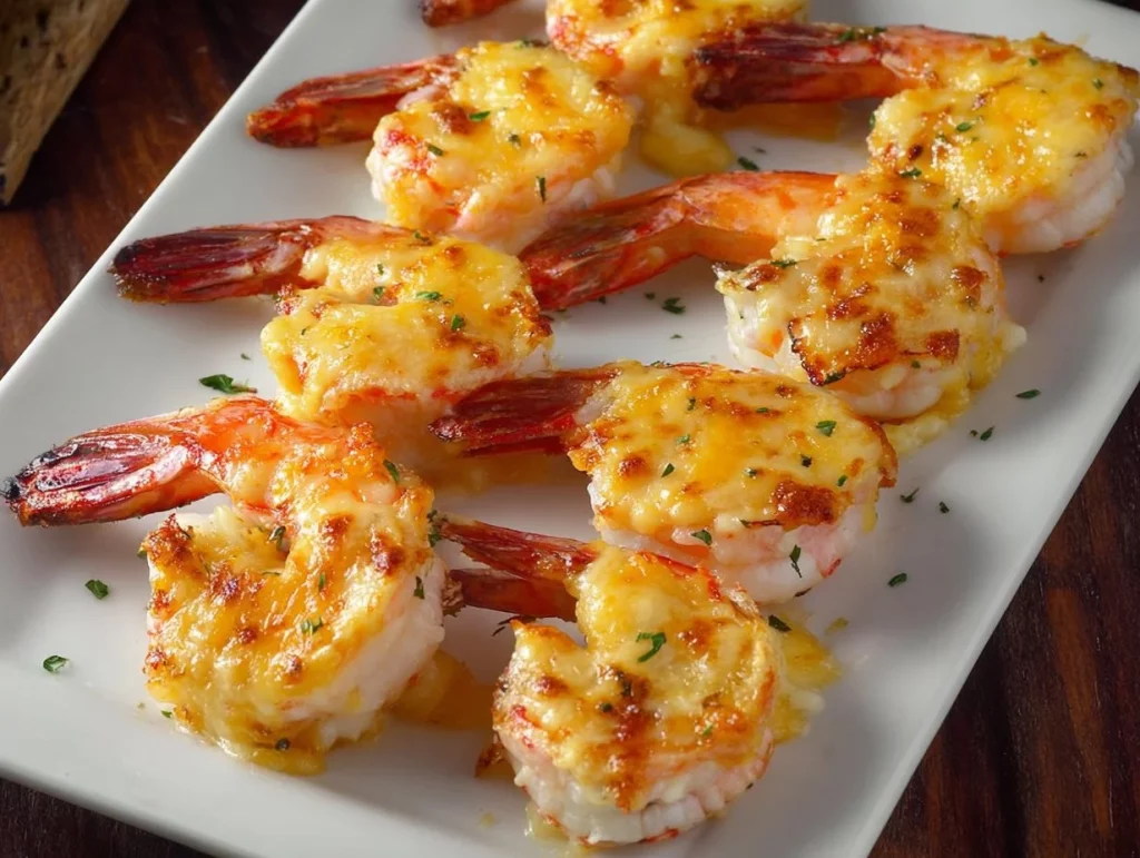 Baked cheese shrimp dish topped with melted cheese and herbs