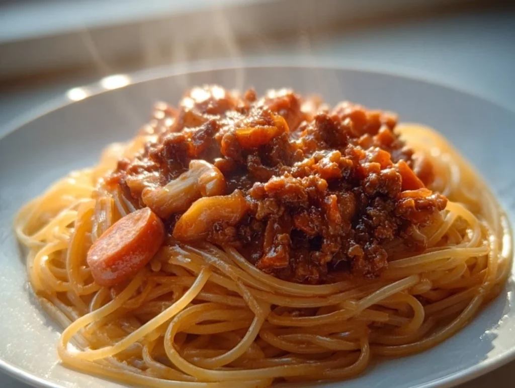 Bolognese Pasta with Sausages served on a plate with herbs and parmesan