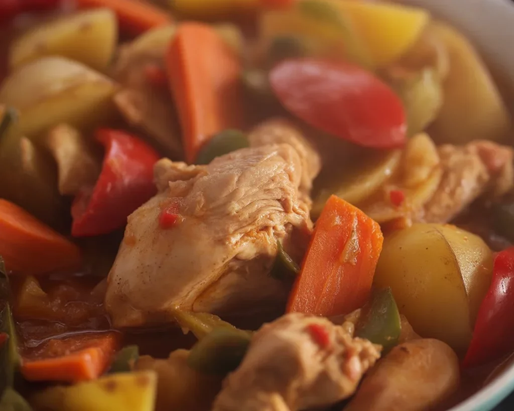 Delicious Chicken Afritada in a rich tomato sauce with vegetables and tender chicken.