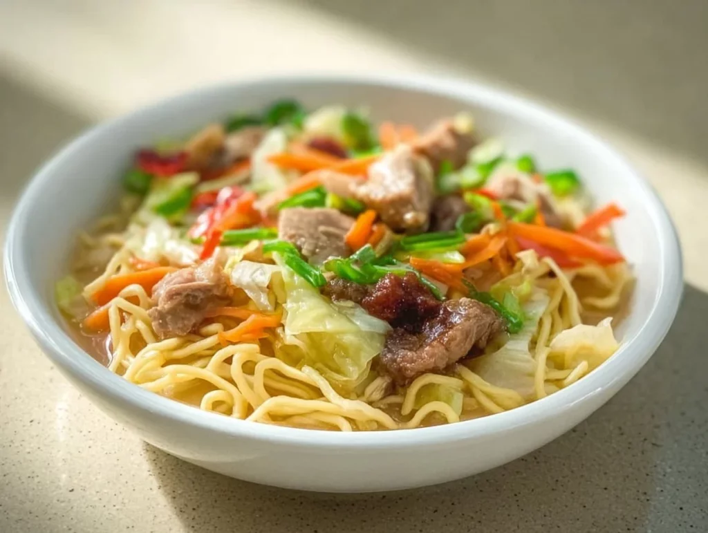 Bowls of Chicken Miki noodles topped with herbs and spices