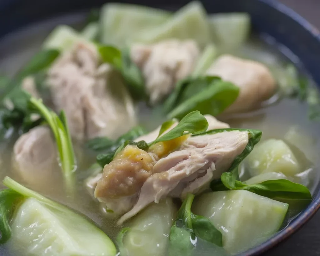 Bowl of Filipino chicken tinola soup with ginger, chicken pieces, and green vegetables