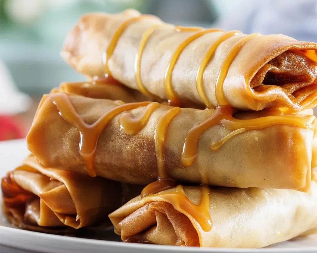 Crispy Filipino Turon with ripe bananas and caramel wrapped in spring roll wrappers