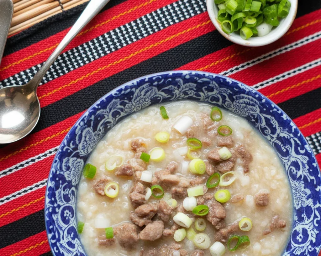Bowl of Lugaw, a traditional Filipino rice porridge topped with garlic, scallions, and a boiled egg.