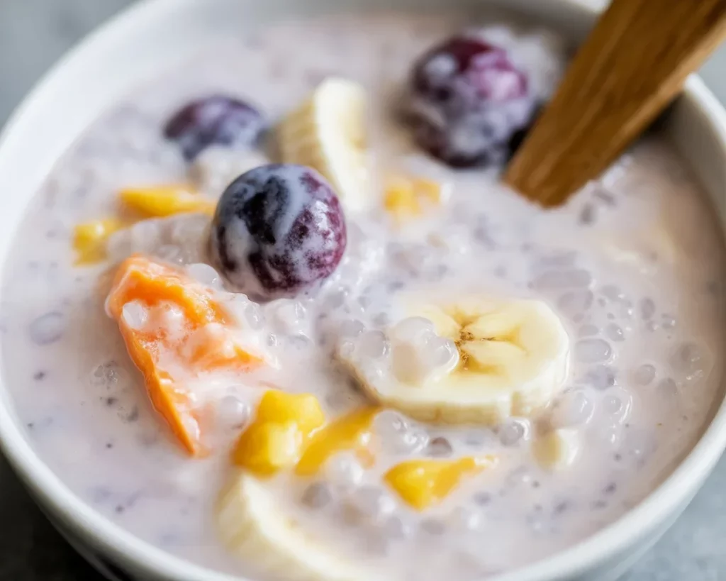 Delicious Ginataang Bilo-Bilo with sticky rice balls, sweet potatoes, and tropical fruits in coconut milk.