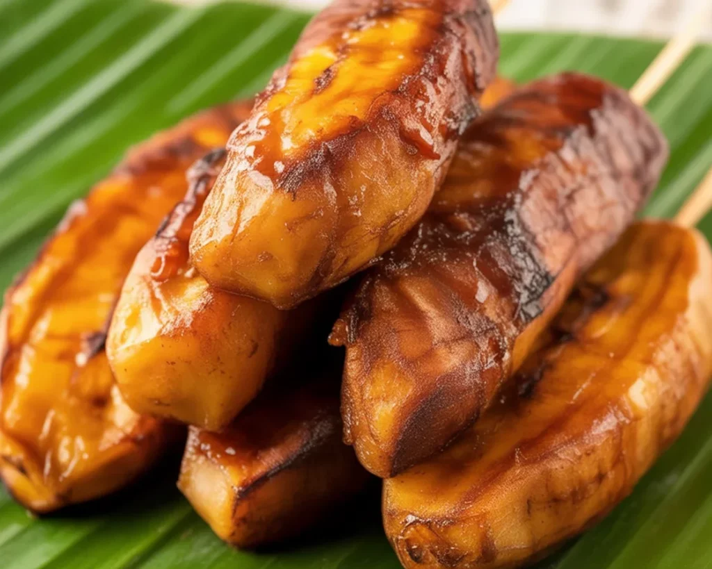 Delicious Banana Cue - Filipino snack with caramelized fried Saba bananas on skewers.