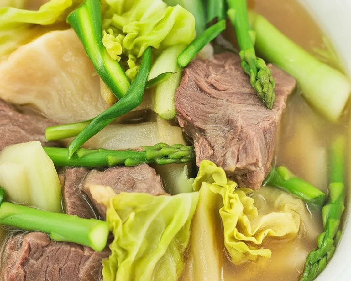 Delicious Filipino Crockpot Beef Nilaga served with fresh vegetables.