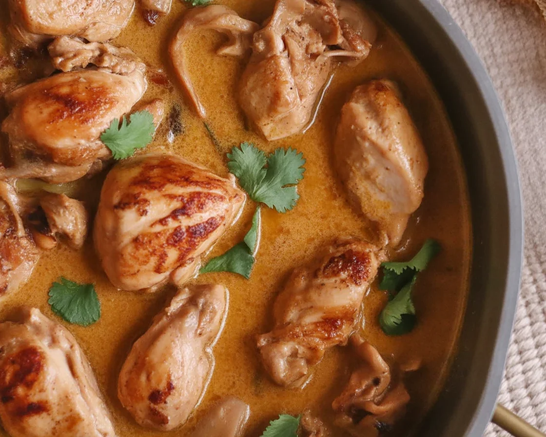 A bowl of Filipino Crockpot Chicken Adobo sa Gata with rice and herbs.