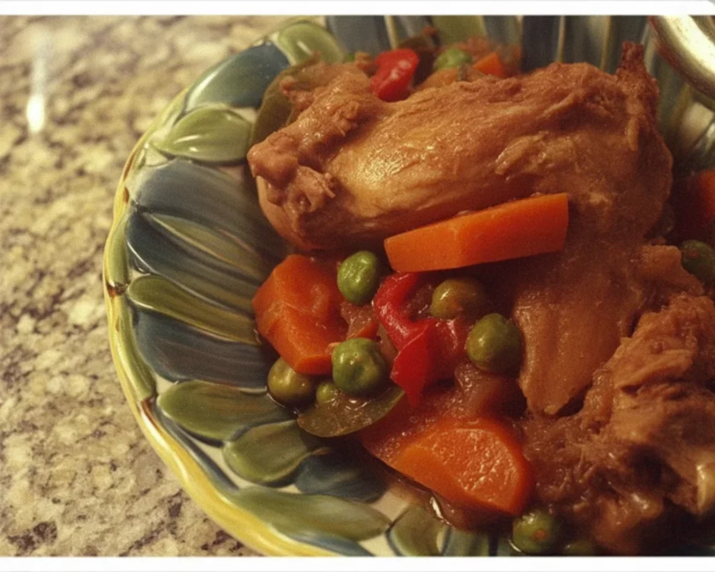 Delicious Filipino Crockpot Chicken Afritada with chicken, potatoes, and bell peppers in tomato sauce.