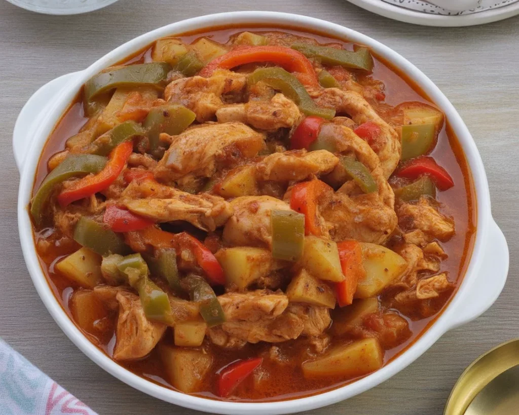Delicious Filipino Crockpot Chicken Menudo with chicken, vegetables, and tomato gravy