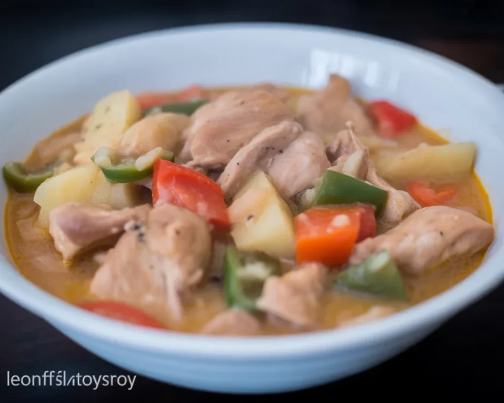 Delicious Filipino Crockpot Chicken Pastel served with rice in a creamy sauce.