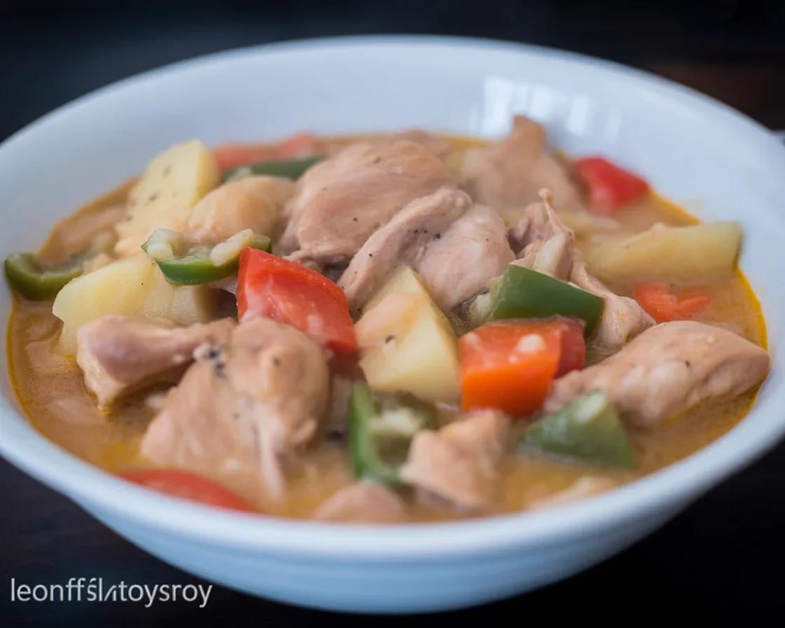 Delicious Filipino Crockpot Chicken Pastel served with rice in a creamy sauce.