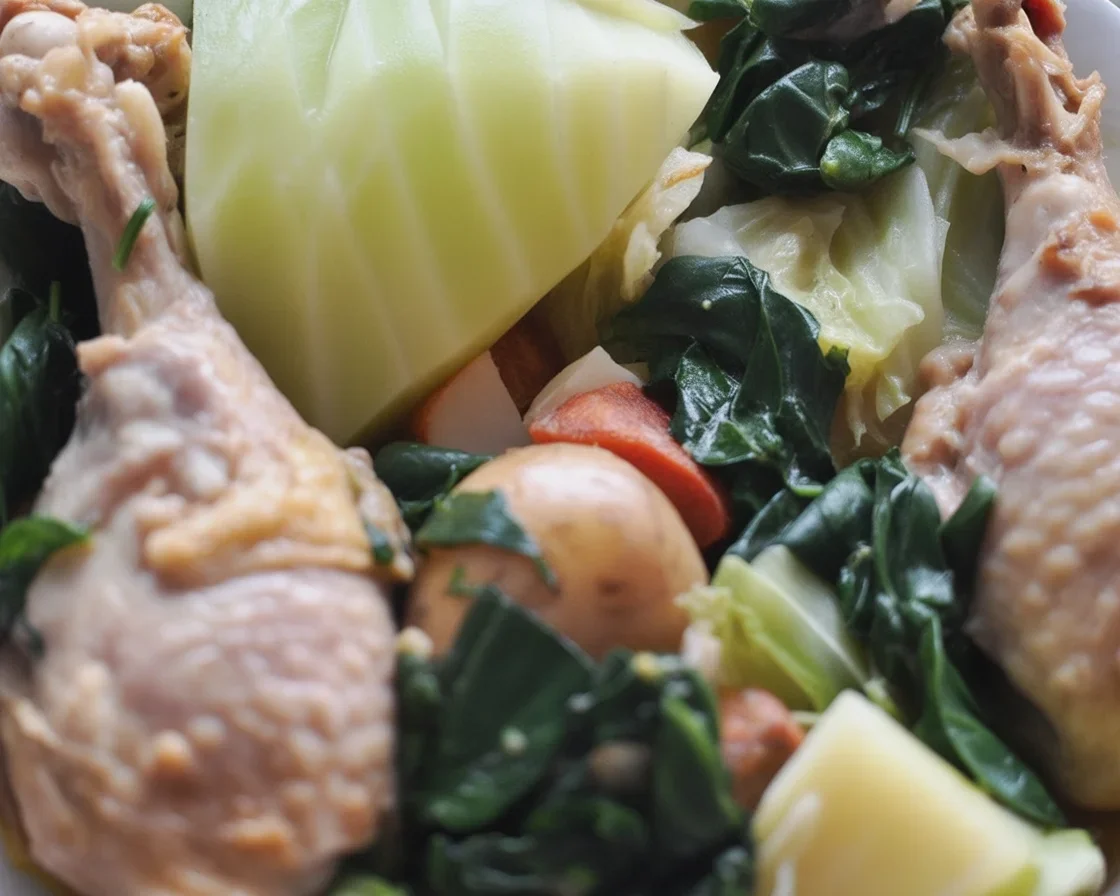Filipino Crockpot Chicken Tinola with ginger and vegetables in a savory broth