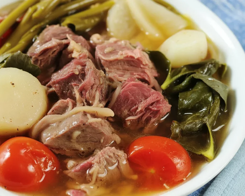 Delicious Filipino Crockpot Corned Beef and Cabbage served with potatoes and carrots.