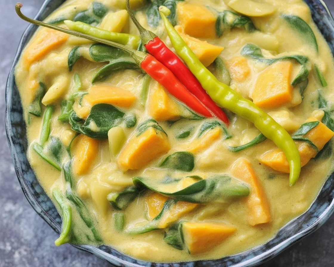 Filipino Crockpot Chickpea Ginataang Gulay in a bowl, showcasing a creamy coconut milk vegetable stew.