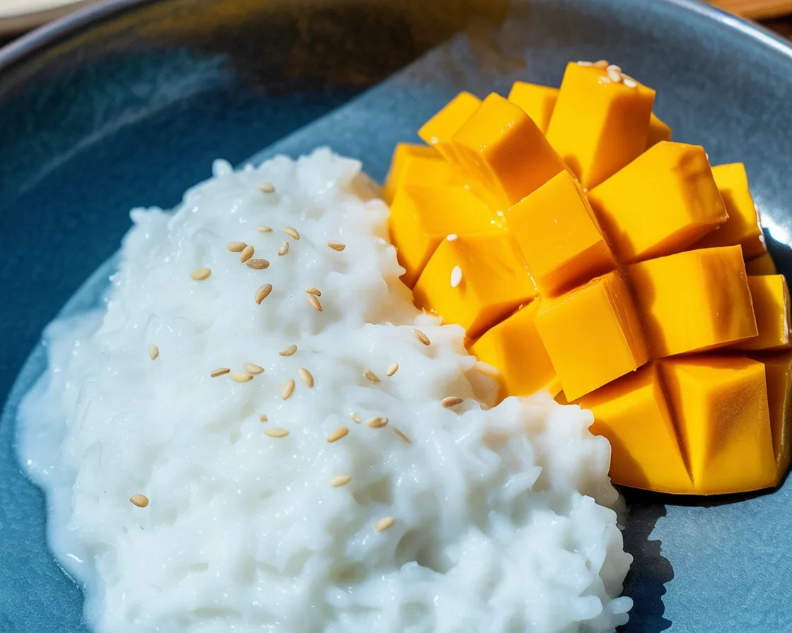Filipino Crockpot Mango Sticky Rice Pudding topped with coconut and fresh mango slices.