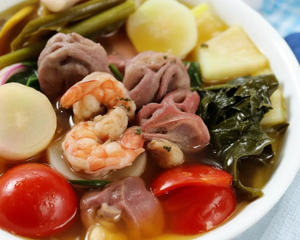 Filipino Crockpot Shrimp Sinigang in a bowl, garnished with vegetables.